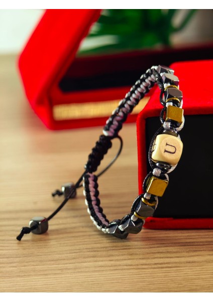 Makrome Örme Bileklik El Yapımı Kişiye Özel Harfli Bileklik Doğal Taş Hematit Bileklik