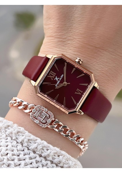 Deri Kordonlu 2 Yıl Garantili 3 Atm Suya Dayanıklı Kadın Kol Saati+Bileklik BD.13939.6