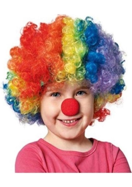 Beysüs Unisex Renkli Palyaço Peruk Saç Bonus ve Burun Seti