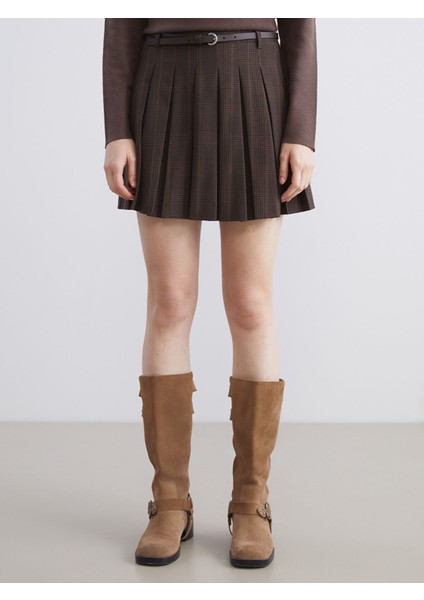 Yeni Sezon Beli Kemerli Ekose Pileli Mini Şort Etek fiyatları