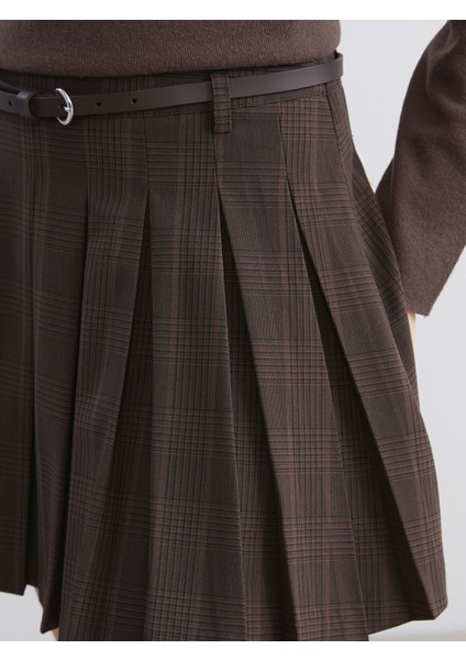 Yeni Sezon Beli Kemerli Ekose Pileli Mini Şort Etek modelleri