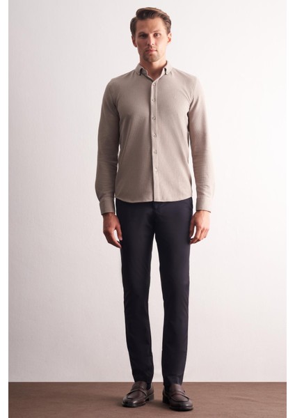 Taş Rengi Uzun Kol Düğmeli Yaka Kendinden Desenli Pamuklu Slim Fit Gömlek 1004255267 fiyatları