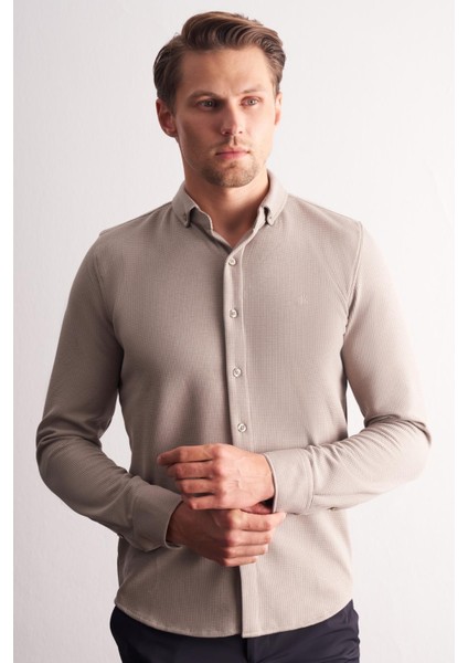 Taş Rengi Uzun Kol Düğmeli Yaka Kendinden Desenli Pamuklu Slim Fit Gömlek 1004255267 modelleri