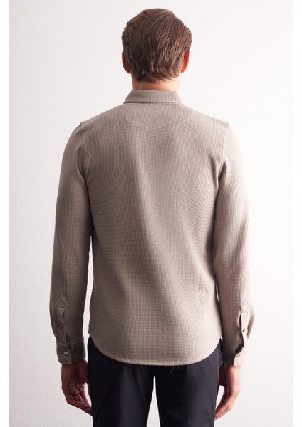Taş Rengi Uzun Kol Düğmeli Yaka Kendinden Desenli Pamuklu Slim Fit Gömlek 1004255267 indirimleri