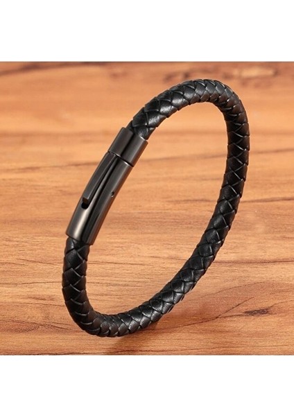 DBG8181 Erkek Deri Bileklik Paslanmaz Çelik Metal Siyah