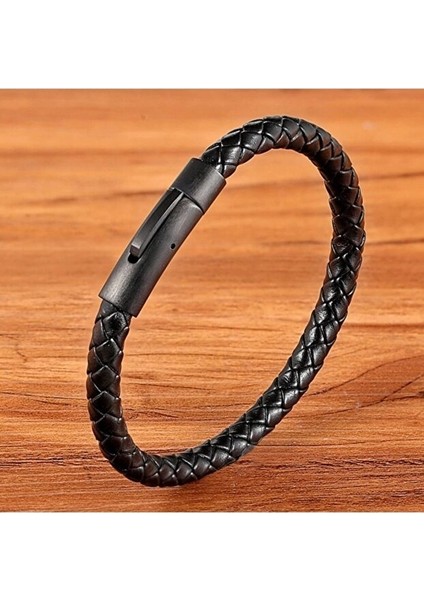DBG8181 Erkek Deri Bileklik Paslanmaz Çelik Metal Siyah fırsatları