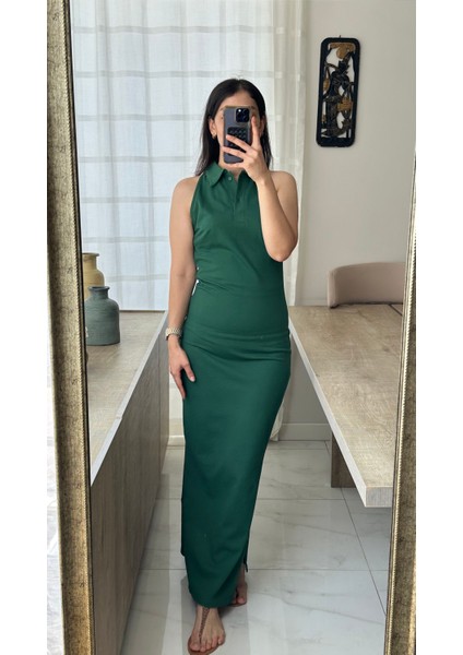 Yeşil Polo Yaka Uzun Elbise