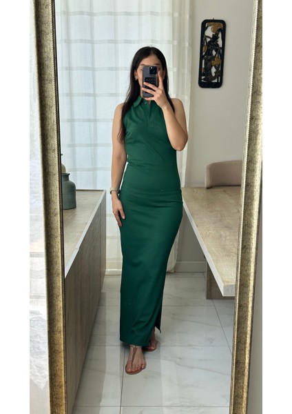 Yeşil Polo Yaka Uzun Elbise fiyatları