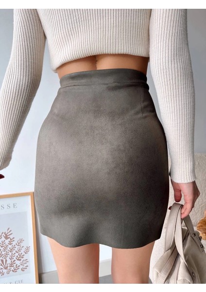 Çift Yırtmaçlı Süet Etek Haki modelleri