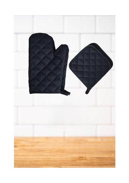Tekstil Yanmaz ve Dayanıklı Fırın Eldiveni ve Tutacak (2 Eldiven, 2 Tutacak) Siyah 17 x 27 fiyatları