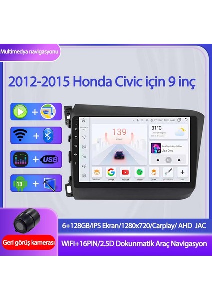 Honda Civic Wifi Gps Carplay 9 Inç 6+128GB Kamera Multimedya Navigasyon Sistemi - 2012-2015 Model