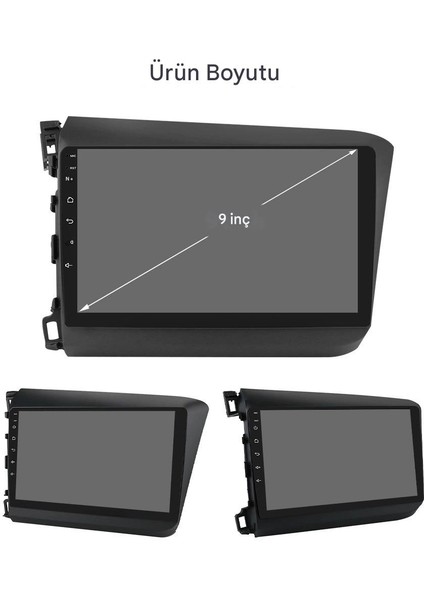 Honda Civic Wifi Gps Carplay 9 Inç 6+128GB Kamera Multimedya Navigasyon Sistemi - 2012-2015 Model modelleri