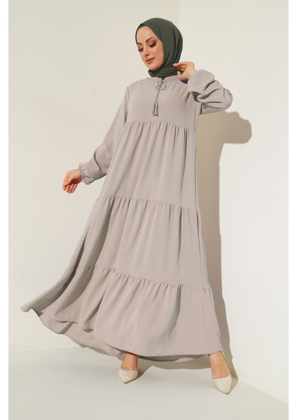1627 Yaka Bağcıklı Tesettür Elbise - Taş