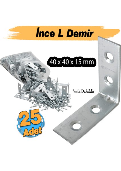 (25 Adet) Metal Köşebent 40X40X15 mm Ince L Demiri Gönye Mobilya Duvar Sabitleme Bağlantı Aparatı