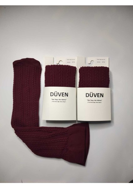 2'li Paket Yumuşacık Dokusu Klasik Örgü Deseniyle Kalın Kışlık Bordo Rengi Dizaltı Çorap