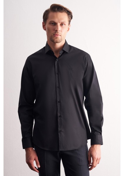 Siyah Yarım Italyan Yaka Uzun Kol Premium Slim Fit Pamuklu Gömlek 1004255198