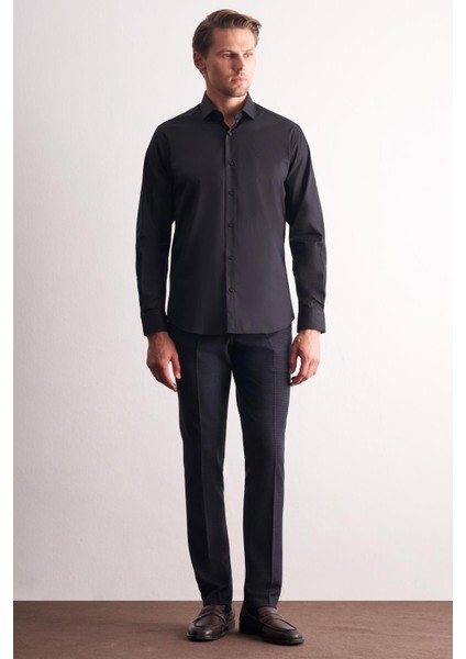Siyah Yarım Italyan Yaka Uzun Kol Premium Slim Fit Pamuklu Gömlek 1004255198 fiyatları
