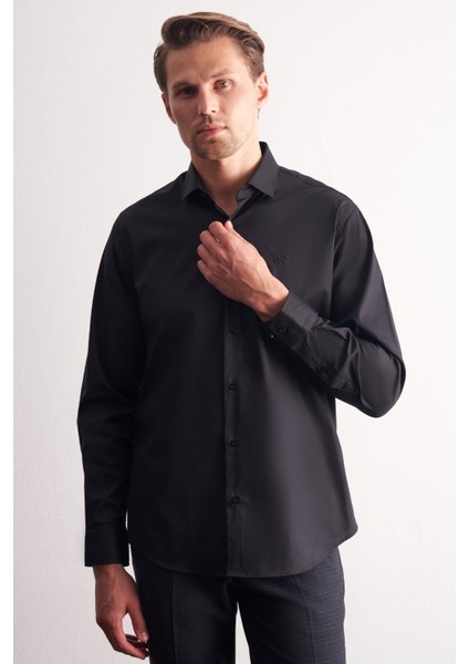 Siyah Yarım Italyan Yaka Uzun Kol Premium Slim Fit Pamuklu Gömlek 1004255198 modelleri