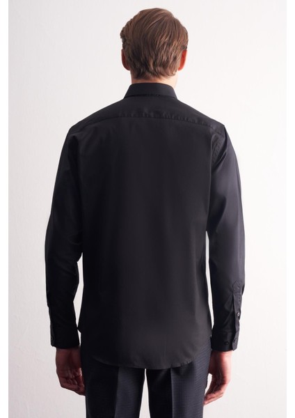 Siyah Yarım Italyan Yaka Uzun Kol Premium Slim Fit Pamuklu Gömlek 1004255198 indirimleri