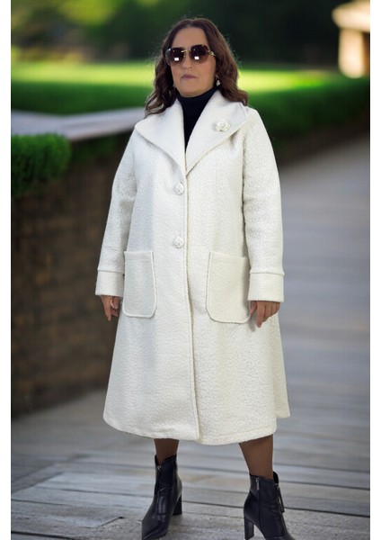 Mono Yaka Kuşaklı Torba Cepli Astarsız Büyük Beden Kadın Buklet Kaban fırsatları