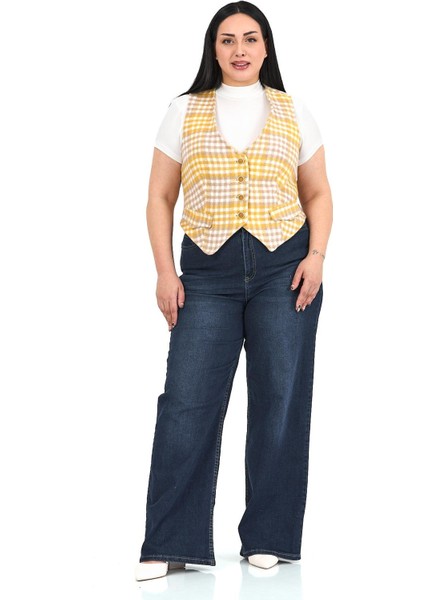 Büyük Beden Düğme Kapamalı Cep Kapaklı Astarlı Kısa Kareli Hardal Yelek