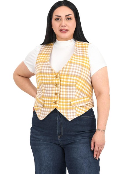 Büyük Beden Düğme Kapamalı Cep Kapaklı Astarlı Kısa Kareli Hardal Yelek fiyatları