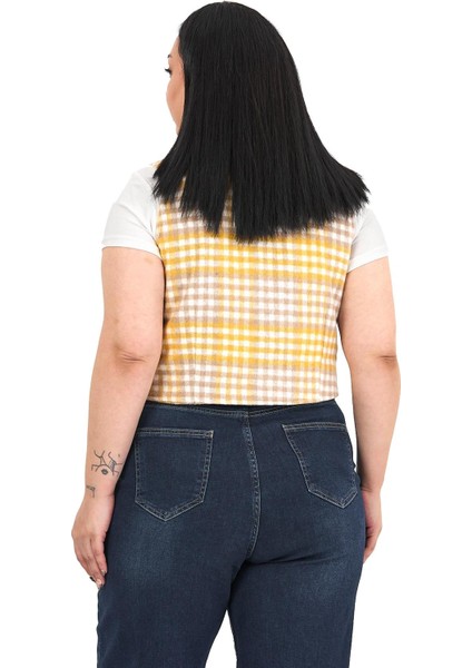 Büyük Beden Düğme Kapamalı Cep Kapaklı Astarlı Kısa Kareli Hardal Yelek modelleri