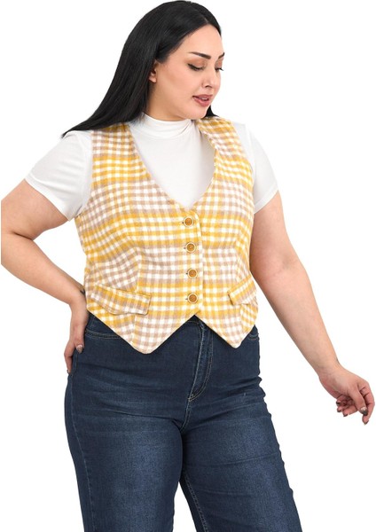 Büyük Beden Düğme Kapamalı Cep Kapaklı Astarlı Kısa Kareli Hardal Yelek fırsatları
