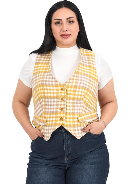 Büyük Beden Düğme Kapamalı Cep Kapaklı Astarlı Kısa Kareli Hardal Yelek indirimleri