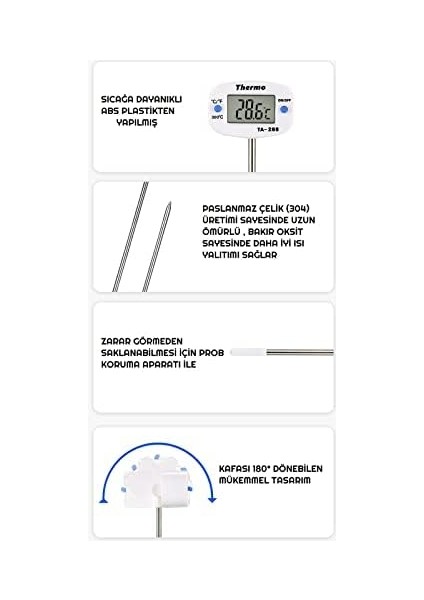 Thermo TA-288 Oynar Başlıklı Mutfak Yemek Termometresi Paslanmaz Çelik Ölçer modelleri