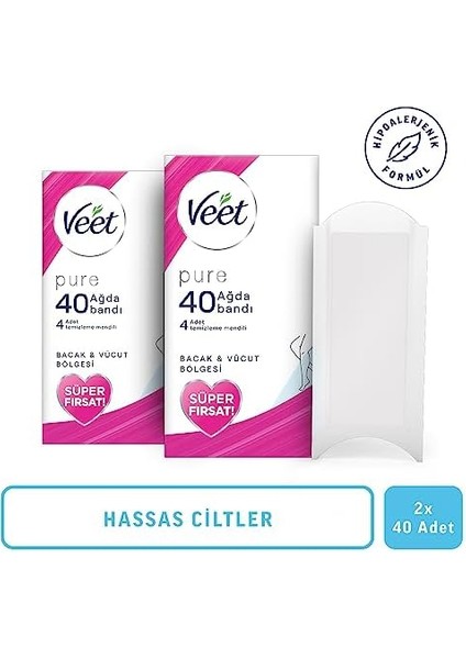Veet Pure Hassas Ciltler Için Ağda Bandı, Bacak ve Vücut Bölgesi, 80'li