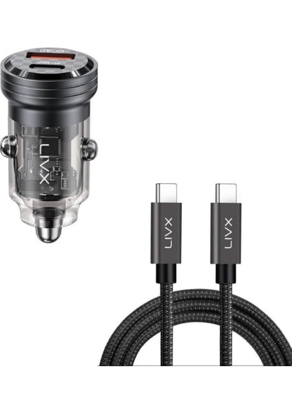 Transparent 45W Pd/qc Mini Araç Şarj Cihazı ve 1 Metre Hızlı Şarj ve Kablosu L35 - Tct-01