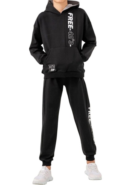 Erkek Çocuk Free Koordinat Yazılı Kapüşonlu Kanguru Cepli Siyah Renk Eşofman Takımı