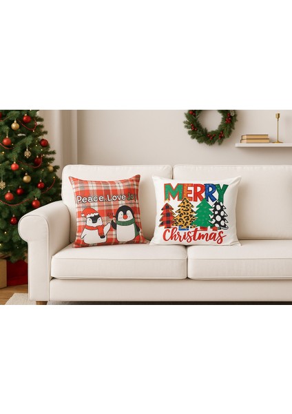 Yılbaşı Temalı 2'i Kadife Kırlent Kılıfı 43X43 cm Nakış Görünümlü Set Dijital Baskılı