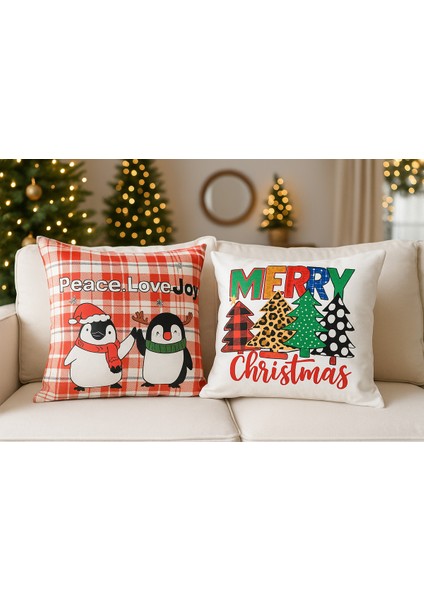 Yılbaşı Temalı 2'i Kadife Kırlent Kılıfı 43X43 cm Nakış Görünümlü Set Dijital Baskılı modelleri