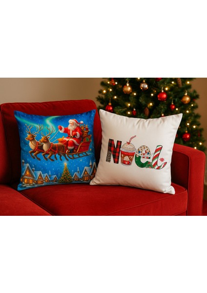 Çift Tarafı Baskılı Candy Christmas Desenli 2'li Set Kadife Kırlent Kılıfı Yılbaşı - Noel modelleri