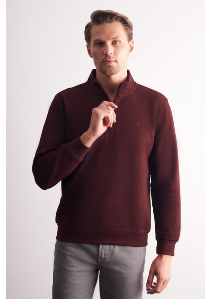 Bordo Uzun Kol Hakim Yaka Düz Pamuklu Comfort Fit Sweatshirt 1013255151