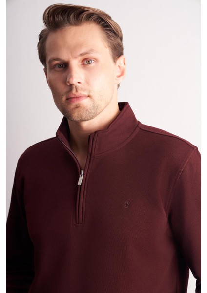 Bordo Uzun Kol Hakim Yaka Düz Pamuklu Comfort Fit Sweatshirt 1013255151 fırsatları