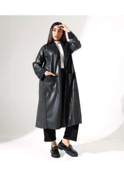 Şal Yaka Kuşaklı Büyük Beden Deri Trenç