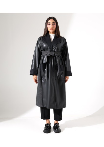 Şal Yaka Kuşaklı Büyük Beden Deri Trenç fiyatları