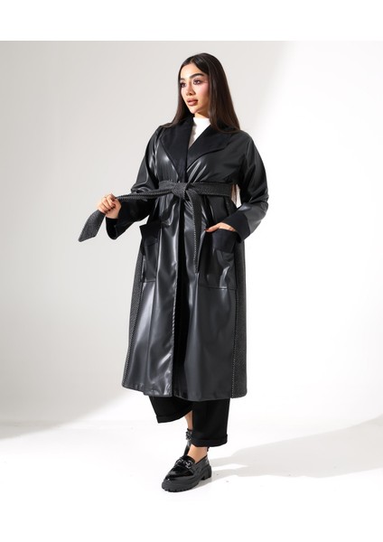 Şal Yaka Kuşaklı Büyük Beden Deri Trenç modelleri