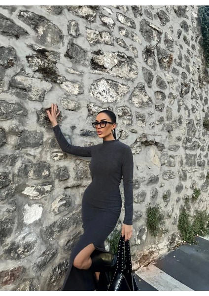 Sptrns Yırtmaçlı Kalın Bürümcük Uzun Elbise Siyah (Beden: L) modelleri