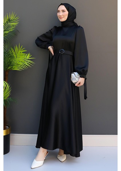 Saten Kemerli Elbise Siyah