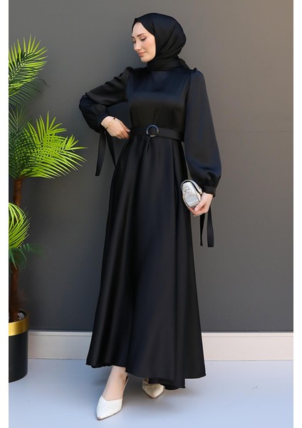 Saten Kemerli Elbise Siyah fiyatları