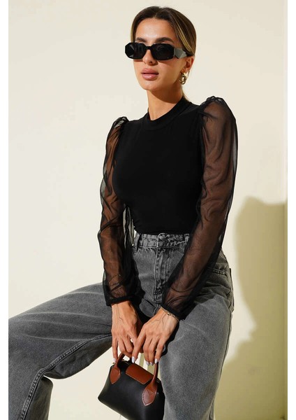 Sptrns Dik Yaka Tül Kollu Bluz Siyah T3066 (Beden: M)