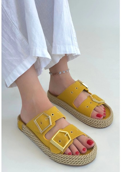 Yzlal Loera Sarı Nubuk Çift Tokalı Terlik (Numara: 37)