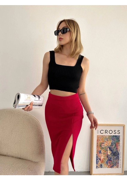 Sptrns Yırtmaçlı Esnek Kumaş Midi Boy Etek Koyu Kırmızı (Beden: S) indirimleri