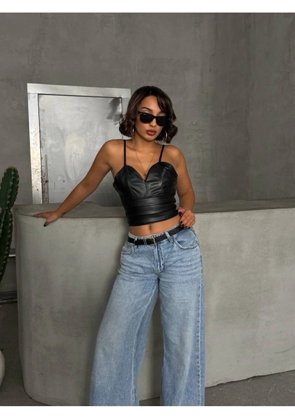 Sptrns Ip Askılı Yandan Fermuarlı Rastale Deri Crop Siyah S24113 (Beden: M) fiyatları