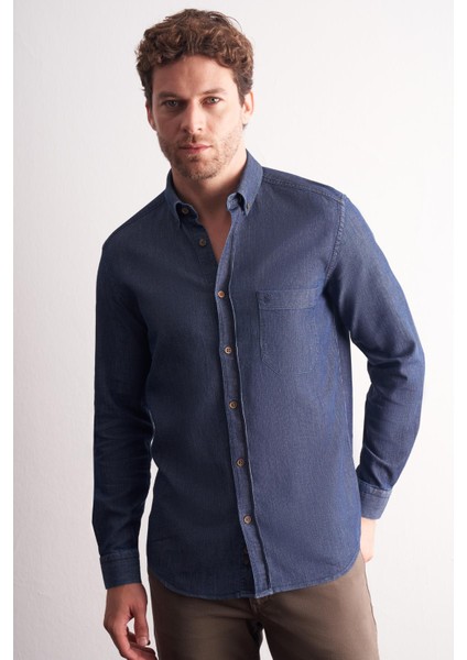 Lacivert - Beyaz Uzun Kol Düğmeli Yaka Kendinden Desenli %100 Pamuk Slim Fit Gömlek 1004255199