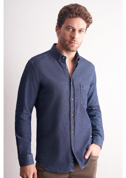 Lacivert - Beyaz Uzun Kol Düğmeli Yaka Kendinden Desenli %100 Pamuk Slim Fit Gömlek 1004255199 modelleri